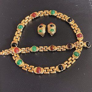 Ciner Jewels of India Gripoix Cabochon 18K Gold Plate Necklace Bracelet Earring